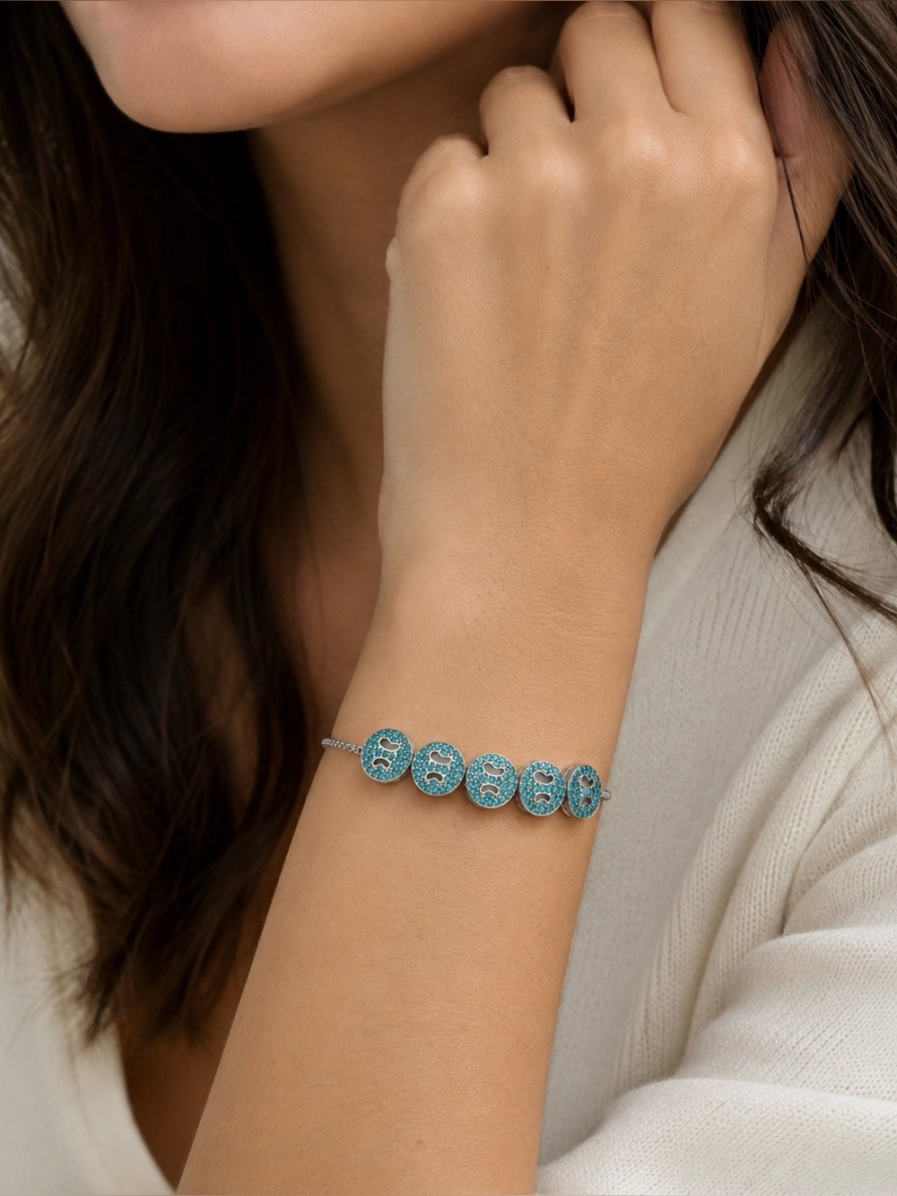 NEW! 14k White Gold Plated with Turquoise Crystal Disc Bracelet - Women Jewelry - Picture 1 of 6
